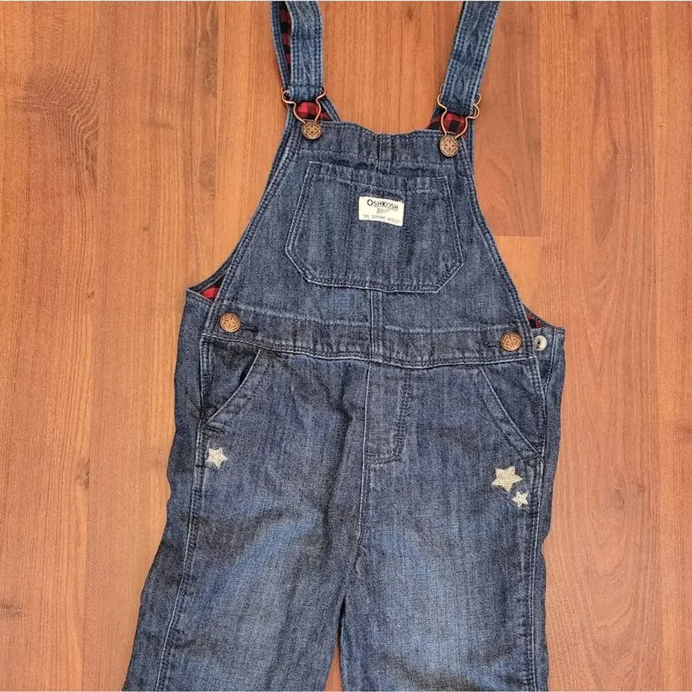 OSH KOSH BUFFALO PLAID DENIUM ADJUSTABLE OVERALLS WITH STAR ACCENTS SIZE 4T